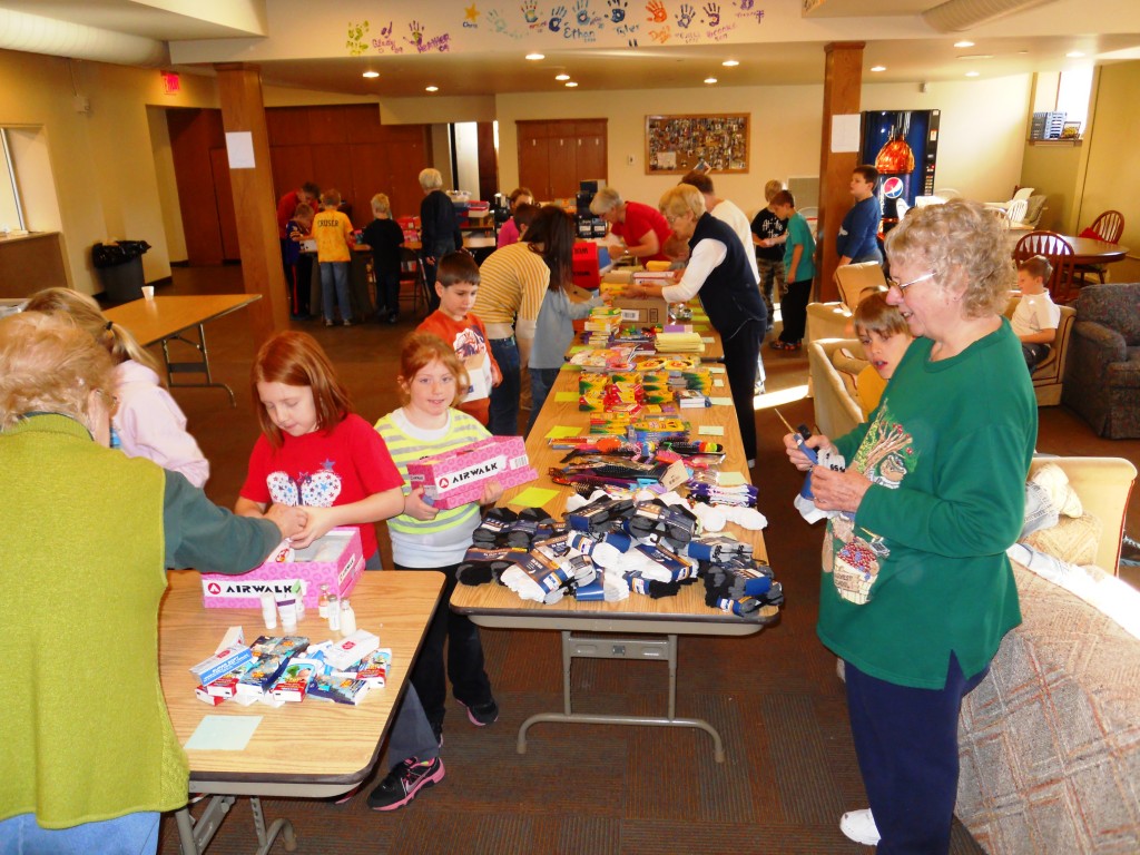 FLC Seniors and Release Time students assembling Operation Christmas Child shoeboxes in 2012.