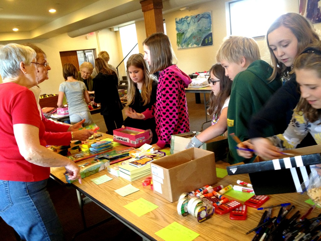 FLC Seniors and Release Time students assembling Operation Christmas Child shoeboxes in 2012.