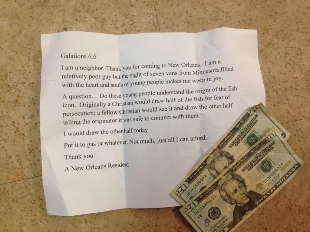 Found under the windshield wiper of one of the vans before leaving New Orleans on Friday morning.
